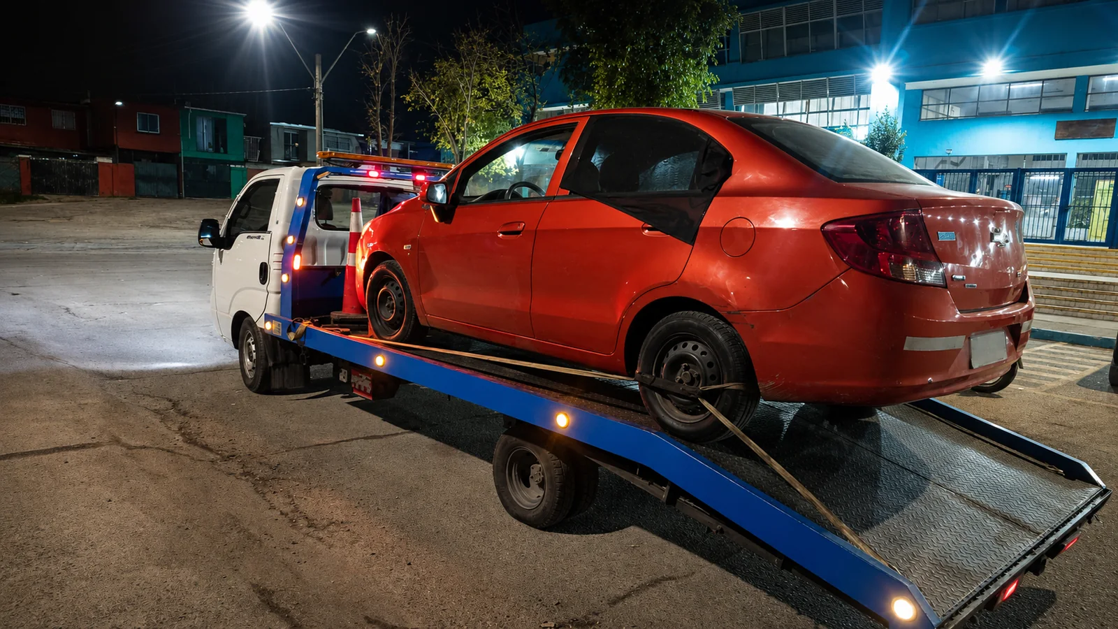 rescate vehicular nocturno con grúa cama
